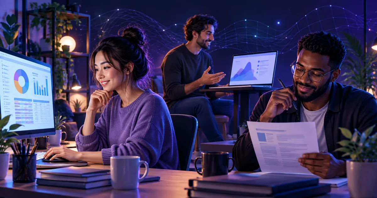 Finance, career and business creators building budget spreadsheets, resumes and pitch decks
