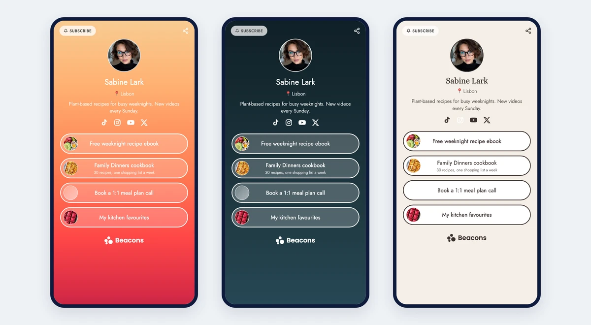 Three Beacons pages in different themes