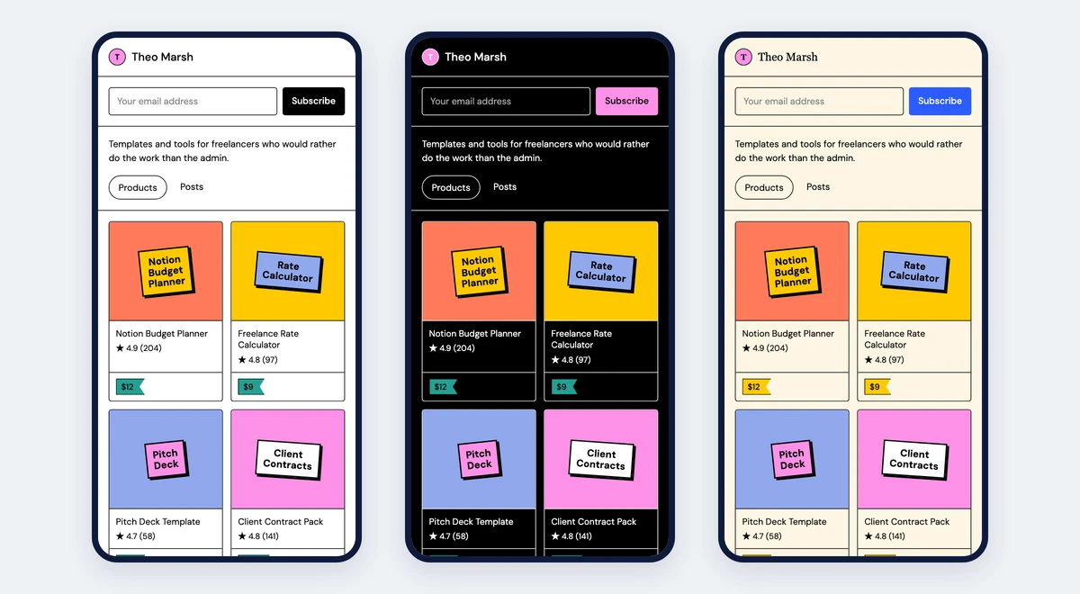 Three Gumroad pages in different themes