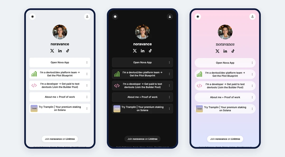 Three Linktree pages in different themes