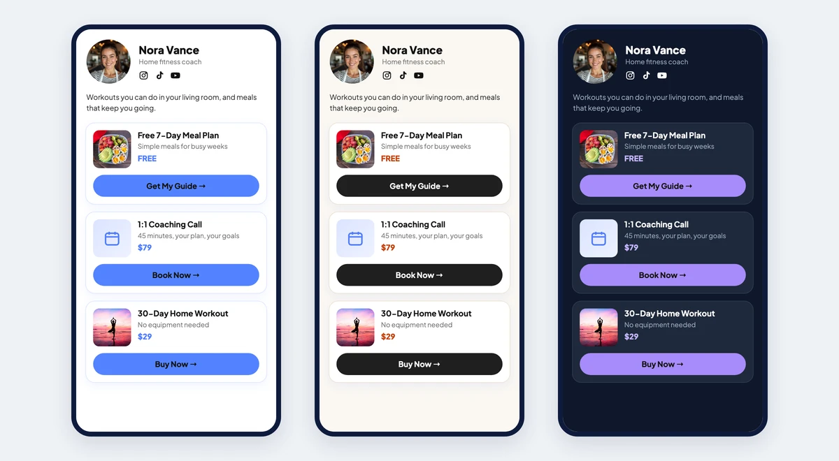 Three Stan Store pages in different themes