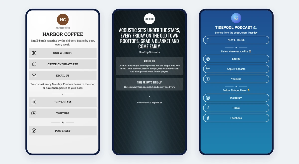 Three Taplink pages in typical styles: a light page with grey buttons, a dark photo page, and a blue page with outlined buttons