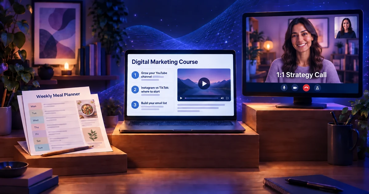 A product ladder: a printable meal planner, a digital marketing course and a 1:1 strategy call