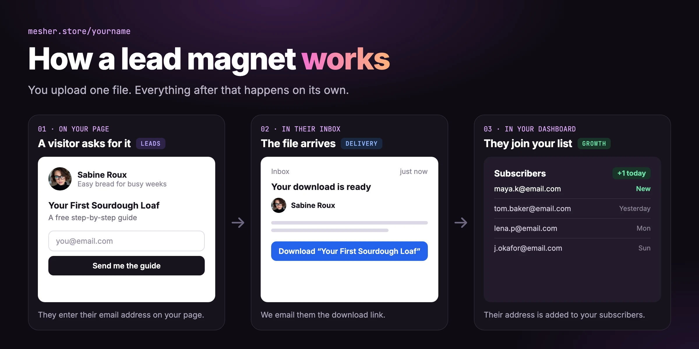 How a lead magnet works on Mesher: a visitor enters their email on your page, gets the download link by email, and is added to your subscribers
