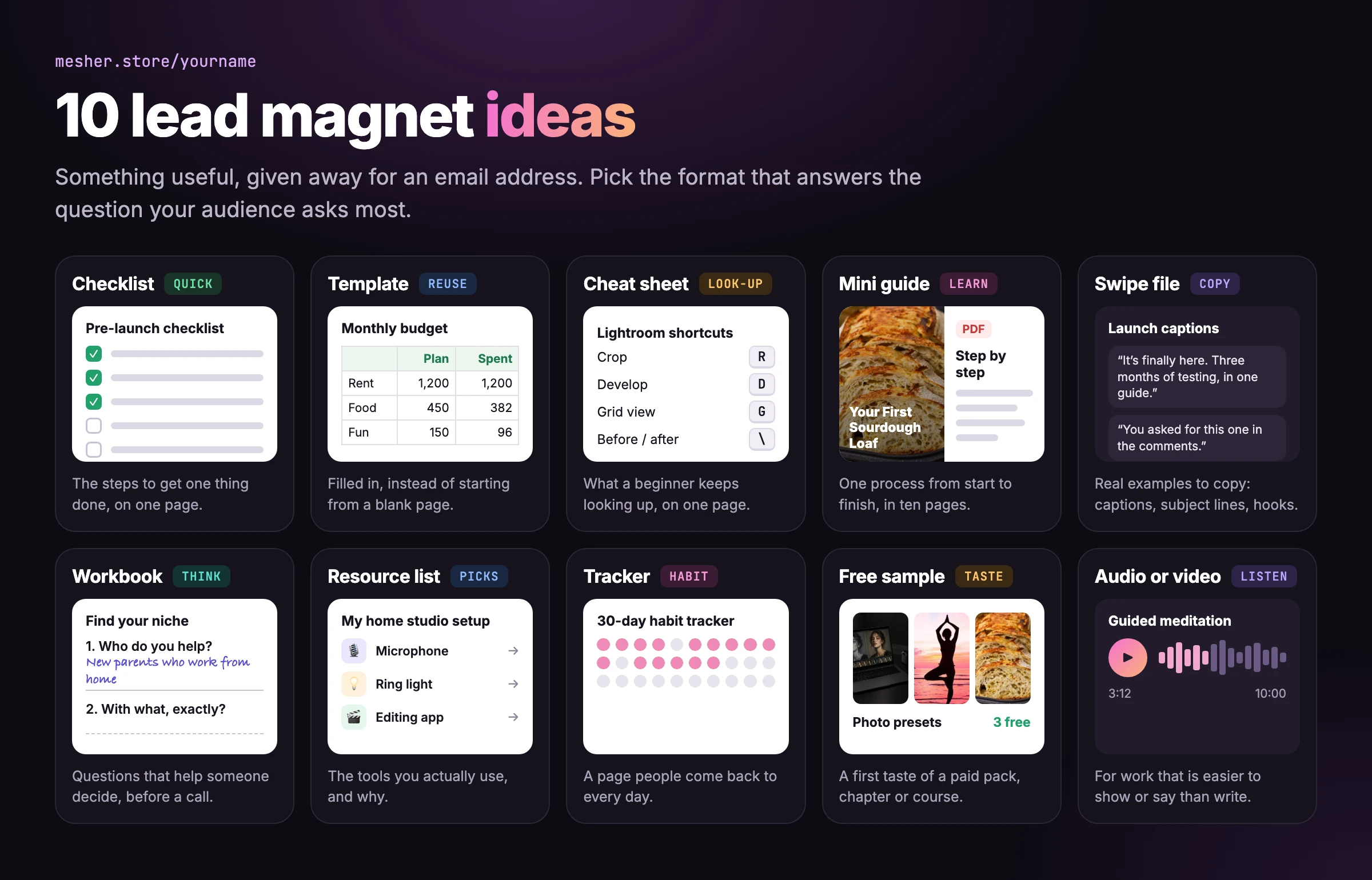 Ten lead magnet formats with an example of each: checklist, template, cheat sheet, mini guide, swipe file, workbook, resource list, tracker, free sample, and audio or video