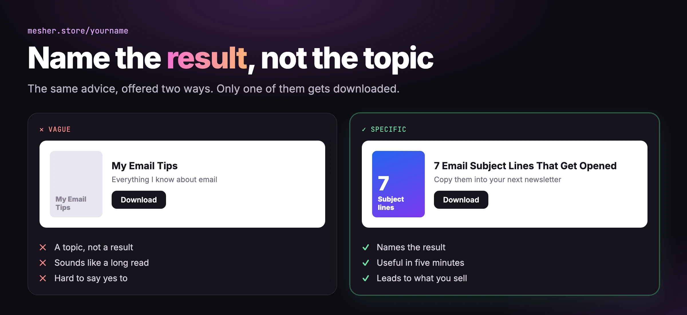 A vague lead magnet called My Email Tips next to a specific one called 7 Email Subject Lines That Get Opened