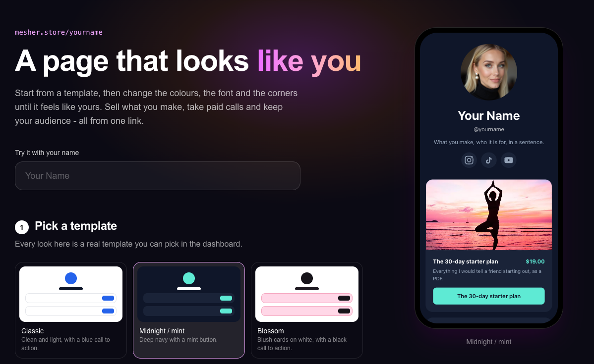 Building a Mesher page: pick a template, then change the colours, font and corners, with a live phone preview of the page