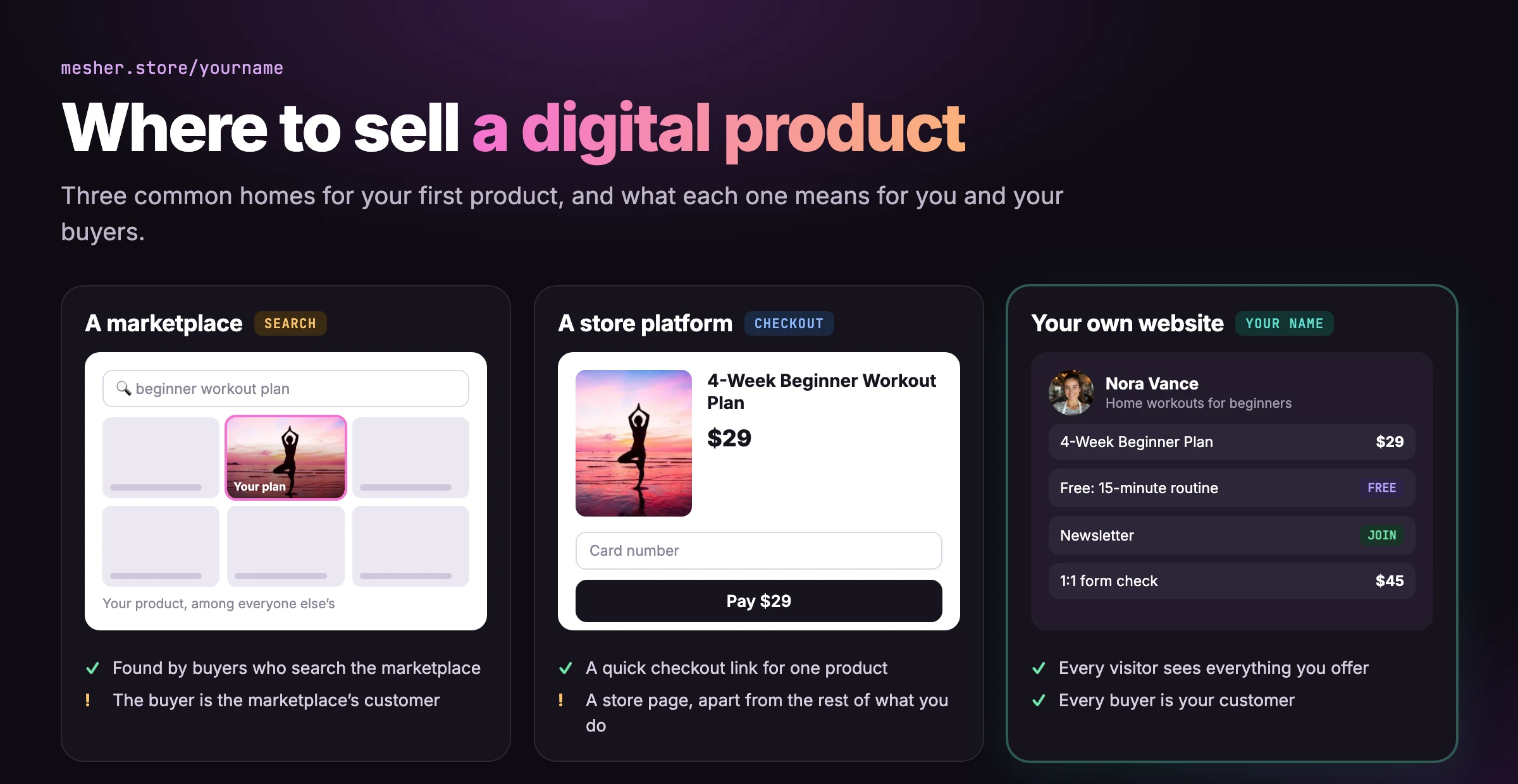 Three places to sell a digital product: a marketplace, a store platform and your own creator website